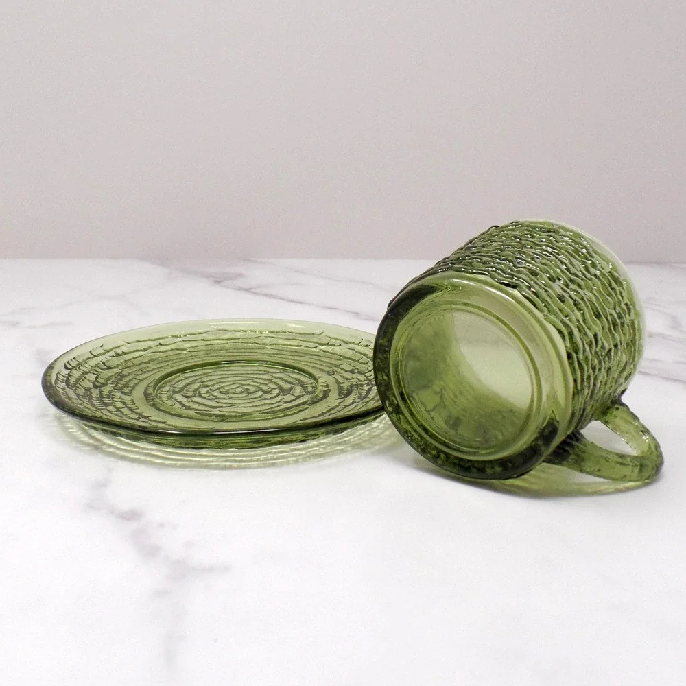 Vintage Anchor Hocking Soreno Avocado Green Glass Cup & Saucer, 6 oz (1966-70)
